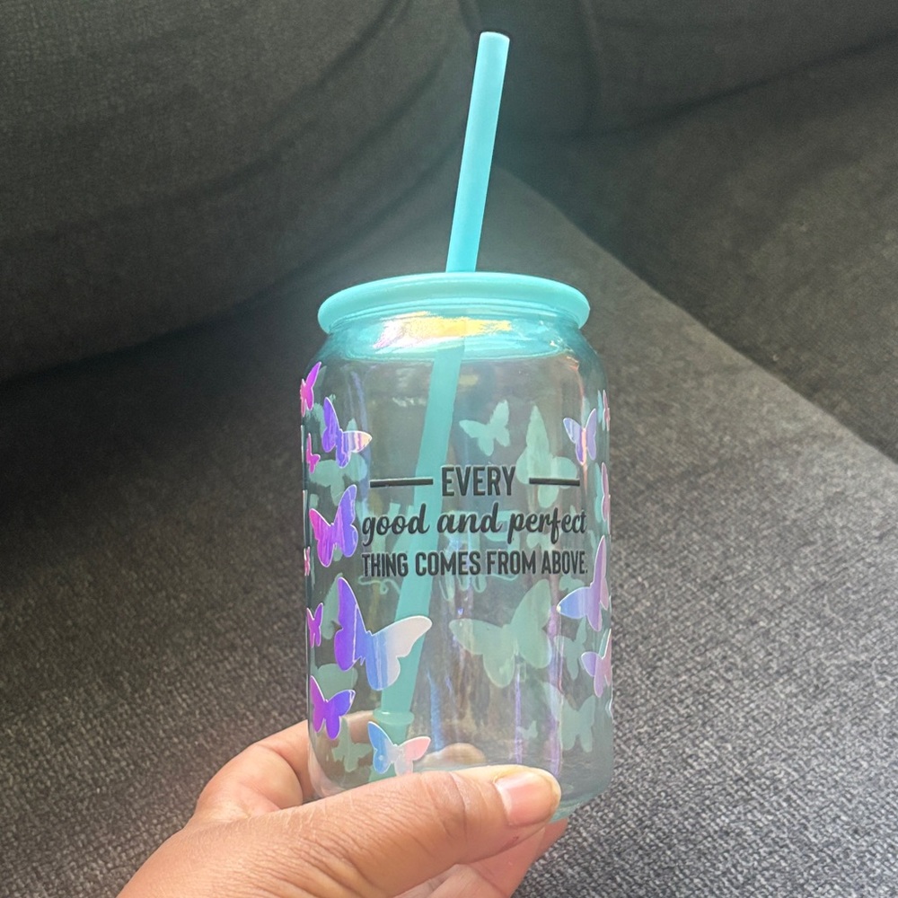 Butterfly Glass Jar with Straw